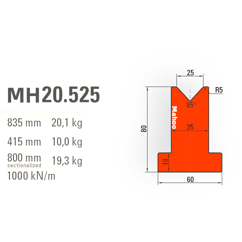 百超折彎機模具-T型折彎下模-V25-85°（86°/88°）-H80